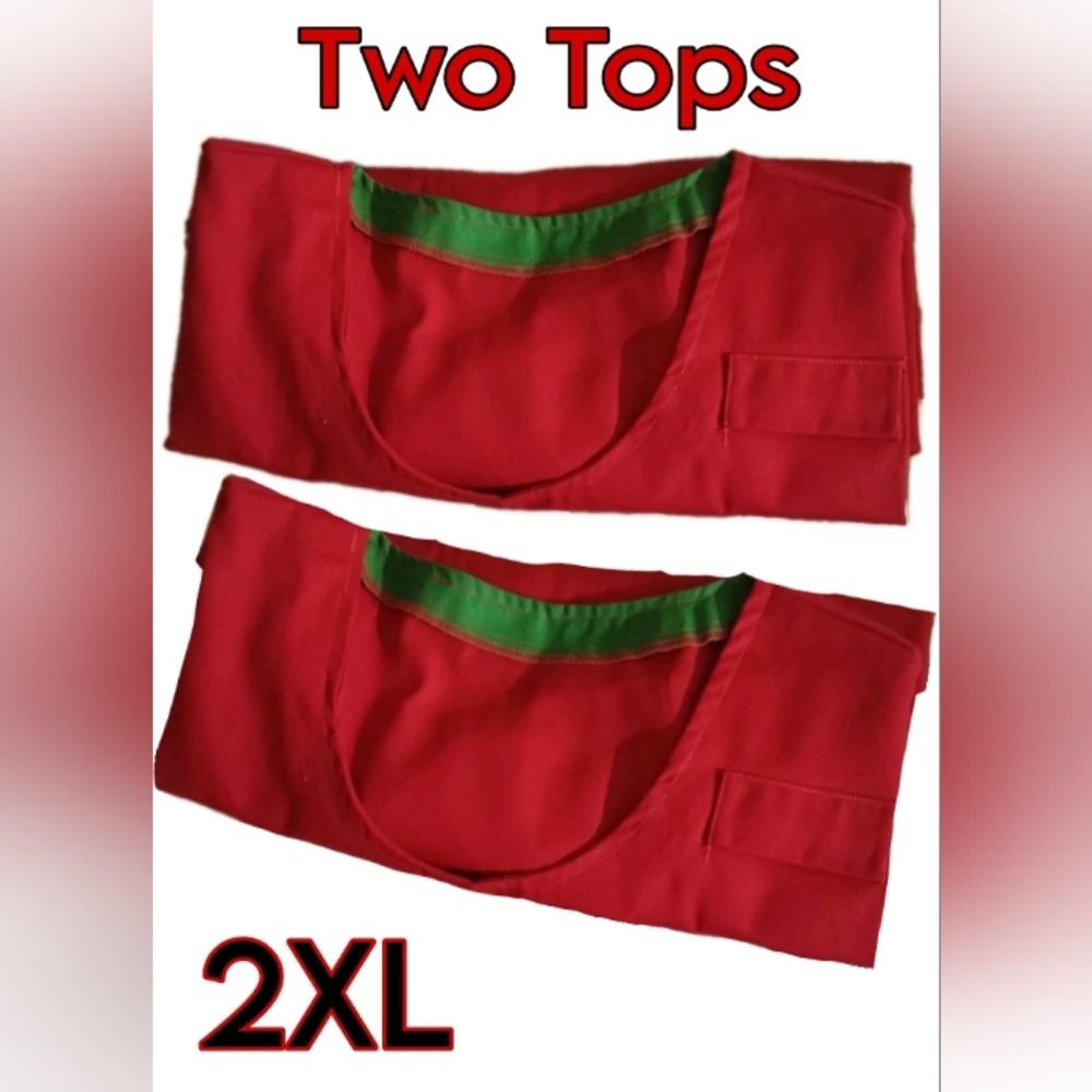 (2) 2XL Hospital Factory Inmate Prison Convict Scrubs Uniform TOPS. Red. Unisex